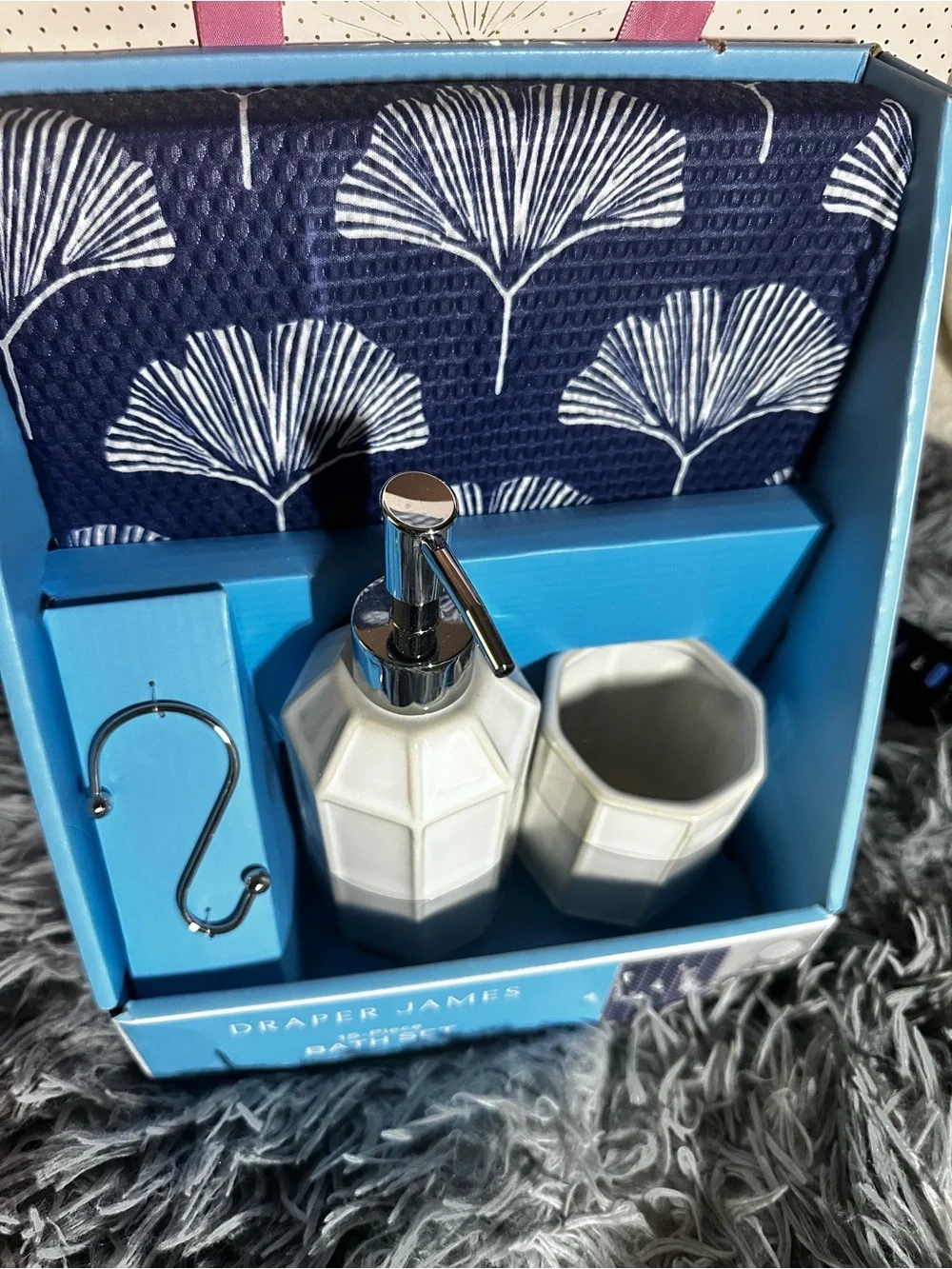 15PCS Draper James Navy & White Ceramic Bath Accessory Set/Floral Shower Towel